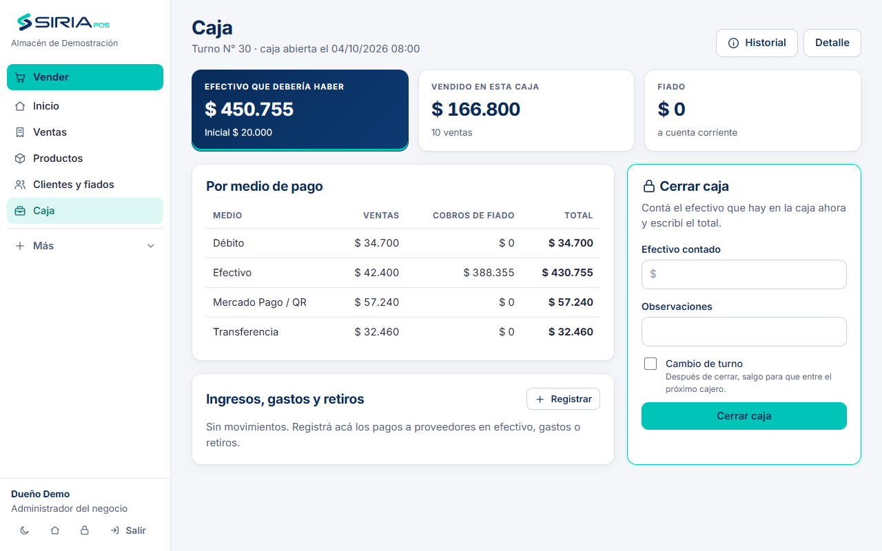 Caja del turno: apertura, movimientos y cierre con arqueo.